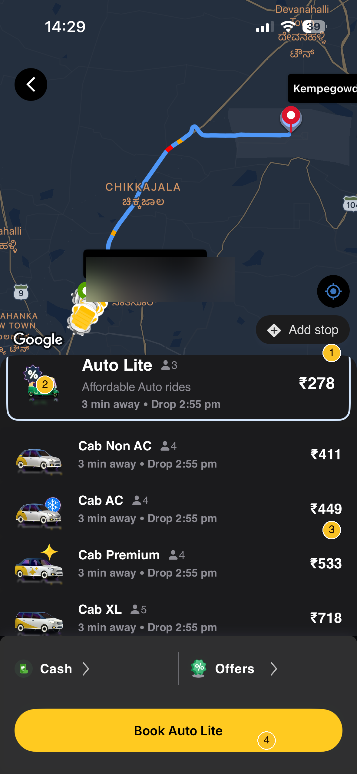 Rapido mode selection with fares and ETAs