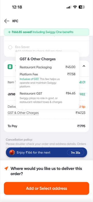 Swiggy platform fee breakdown
