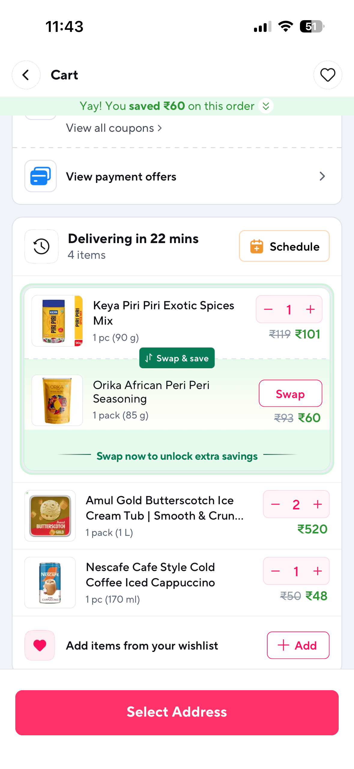 Zepto Swap and save in cart